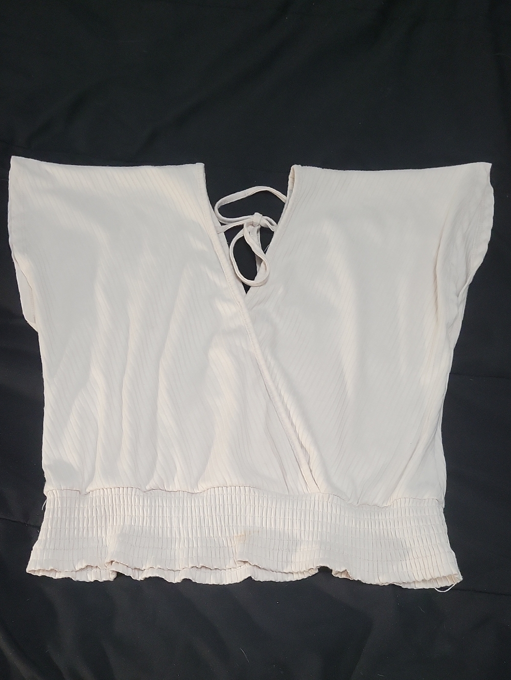 Paper Crane Large Ribbed Surplice Smocked Waist Crop Top Off White Cream